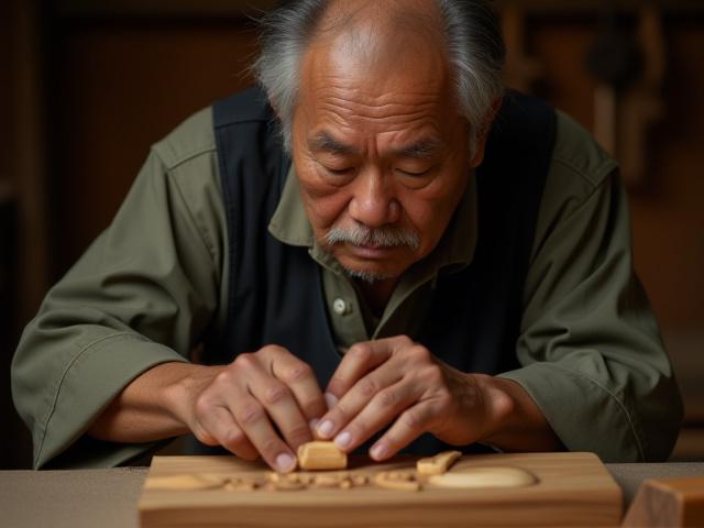 真剣な眼差しで木材を加工する熟練の日本の木工職人