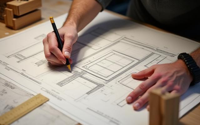 木製家具のデザイン図面に取り組むデザイナー、定規とペンを手に作業中