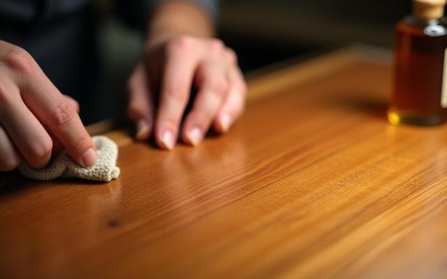 丁寧に手作業で木製家具をオイル仕上げしている職人のクローズアップ