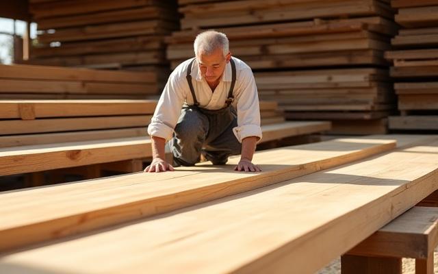 広大な木材ヤードで木材の品質を検査する職人