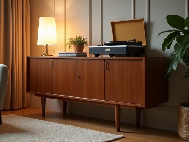 Low-profile living room cabinet in dark wood, mid-century modern style