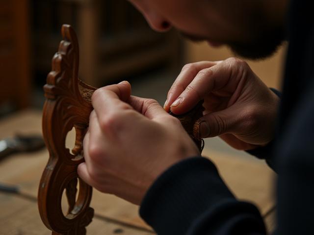古い木製家具を丁寧に修復する職人の手